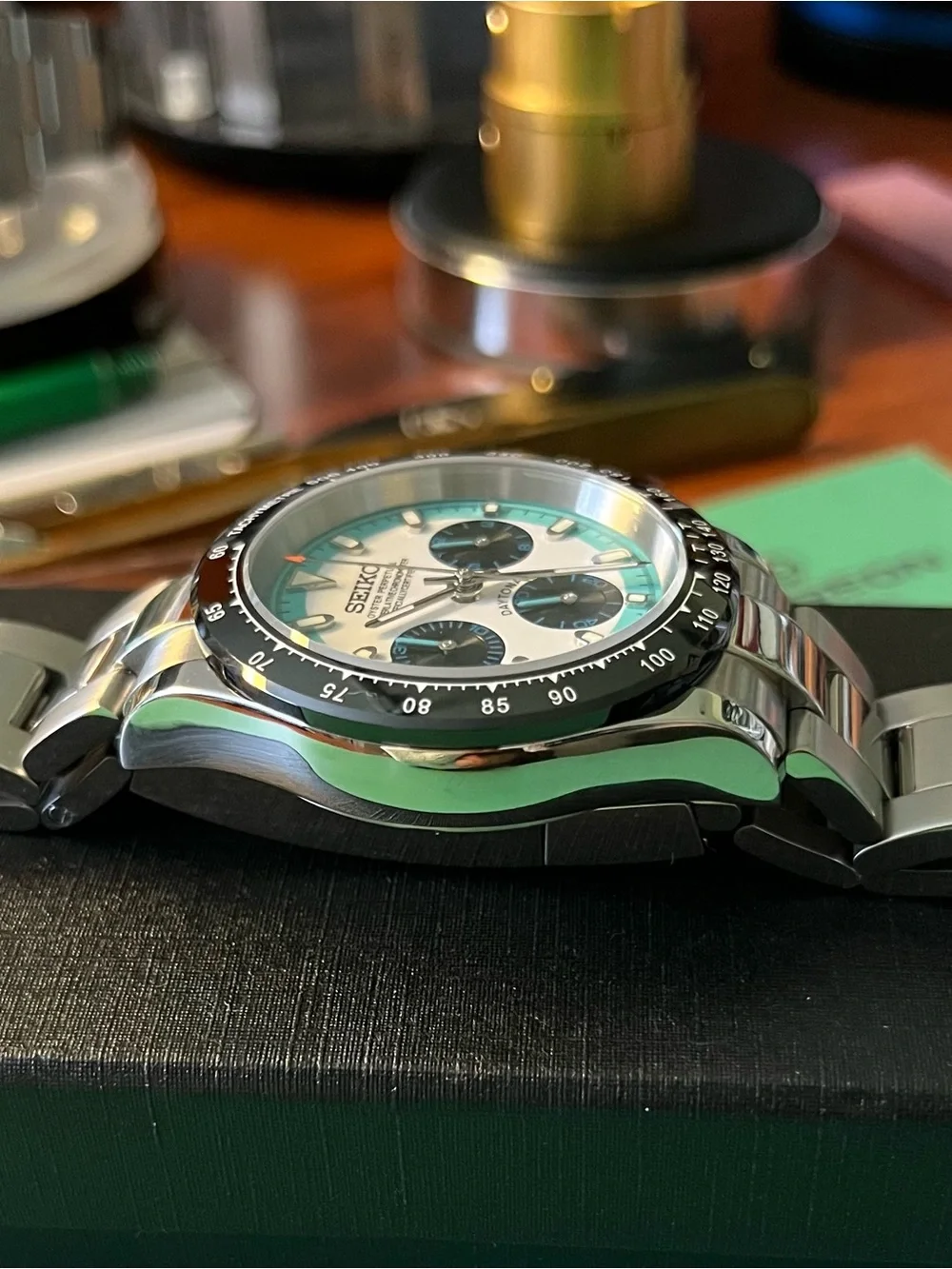 Racing inspired Stainless Steel Chronograph stop watch Watch in White & Aqua